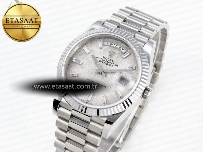 DAY DATE 40MM 228239 SS BP MAKER 1:1 BEST EDITION WHITE METEORITE DIAL T CRYSTAL MARKERS ON SS PRESIDENT BRACELET A2836 - Görsel 1