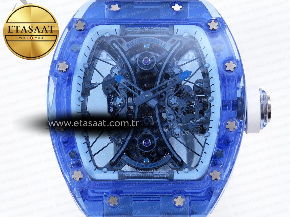 RM53-02 BLUE TRANSPARENT TOURBILLON RMF BEST EDITION SKELETON DIAL ON WHITE RUBBER STRAP V2 - Görsel 4