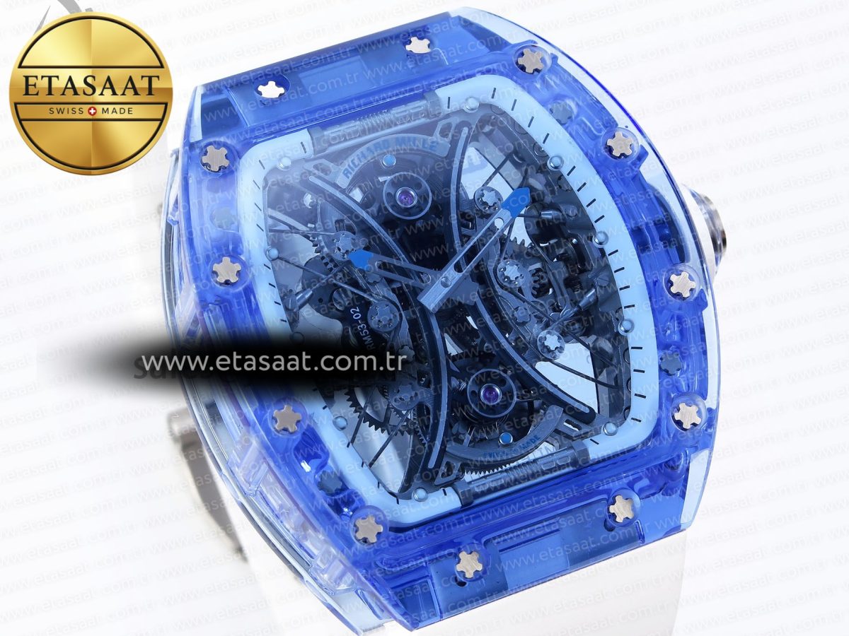 RM53-02 BLUE TRANSPARENT TOURBILLON RMF BEST EDITION SKELETON DIAL ON WHITE RUBBER STRAP V2 - Görsel 5
