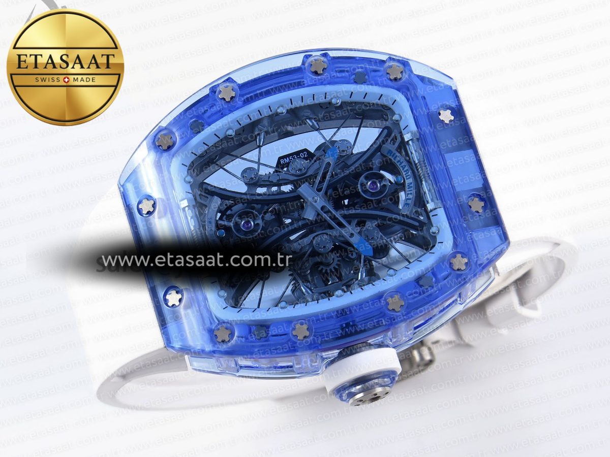 RM53-02 BLUE TRANSPARENT TOURBILLON RMF BEST EDITION SKELETON DIAL ON WHITE RUBBER STRAP V2 - Görsel 7