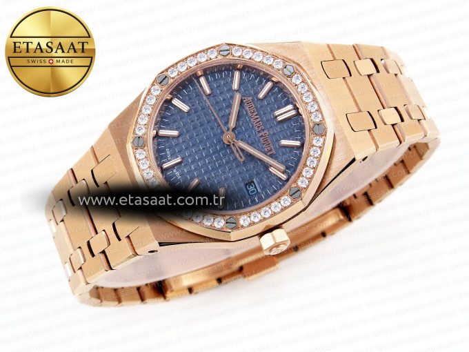 Royal Oak 33mm RG 8F 1:1 Best Edition Blue Dial Diamonds Bezel on RG Bracelet Swiss Quartz - Görsel 7