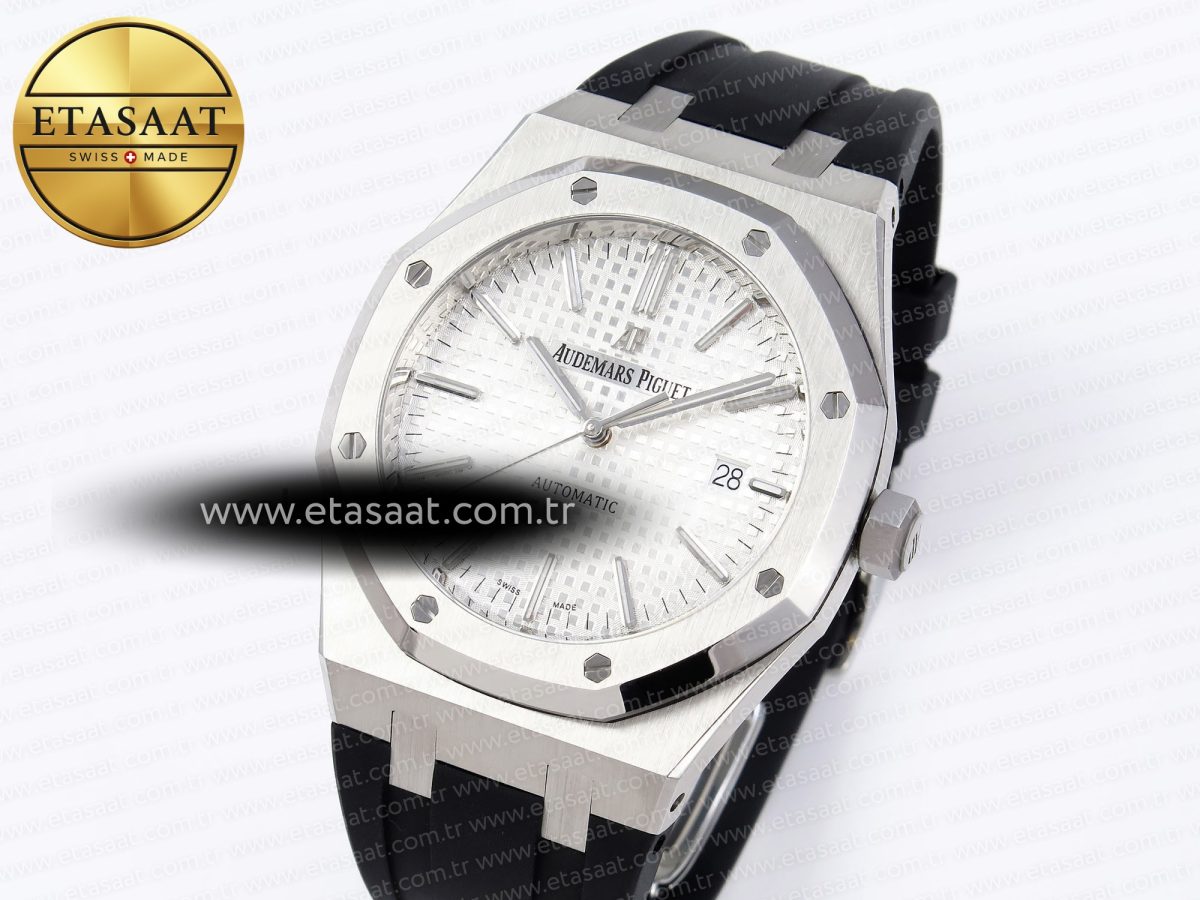 Royal Oak 41mm 15400 SS APSF 1:1 Best Edition White Textured Dial on Black Rubber Strap SA3120 Super Clone V3 - Görsel 2