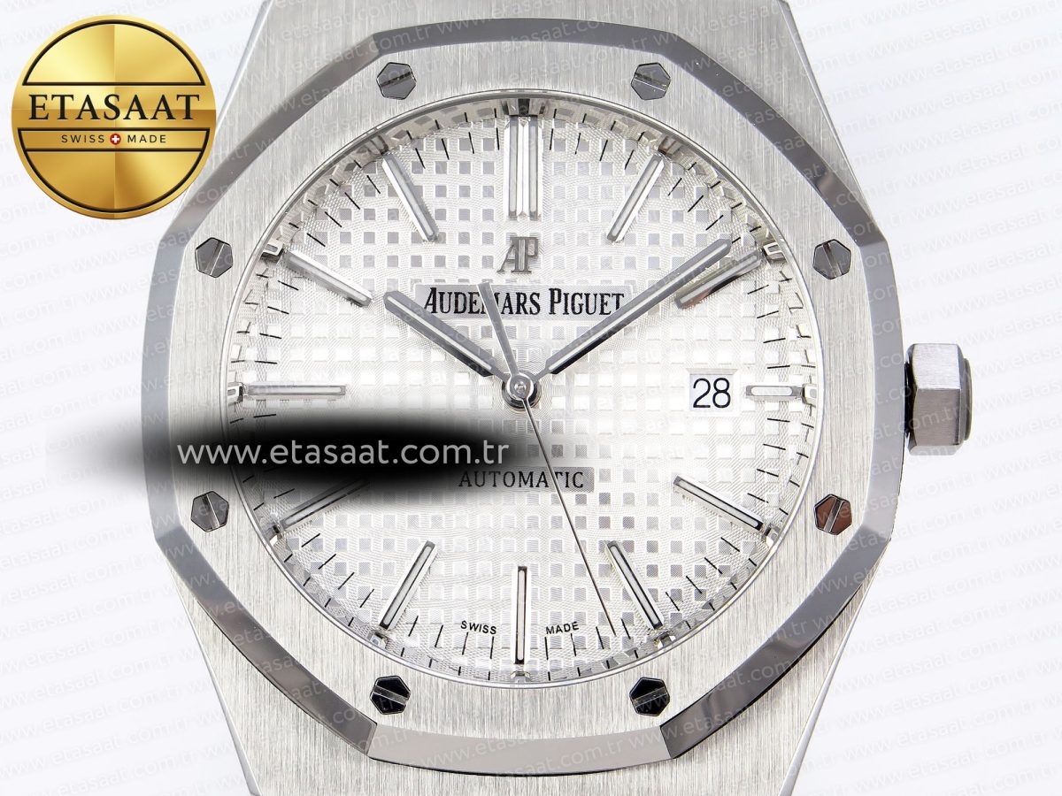 Royal Oak 41mm 15400 SS APSF 1:1 Best Edition White Textured Dial on Black Rubber Strap SA3120 Super Clone V3 - Görsel 4