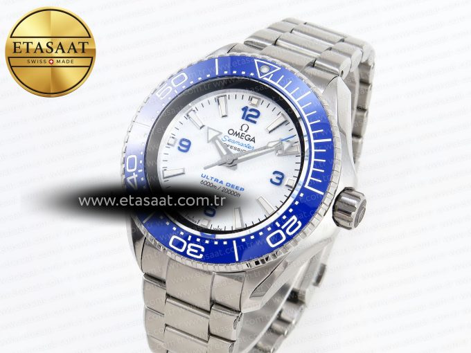 SEAMASTER PLANET OCEAN 6000M ULTRA DEEP 45.5MM SS TF 1:1 BEST EDITION WHITE DIAL BLUE BEZEL ON SS BRACELET A2824 - Görsel 1