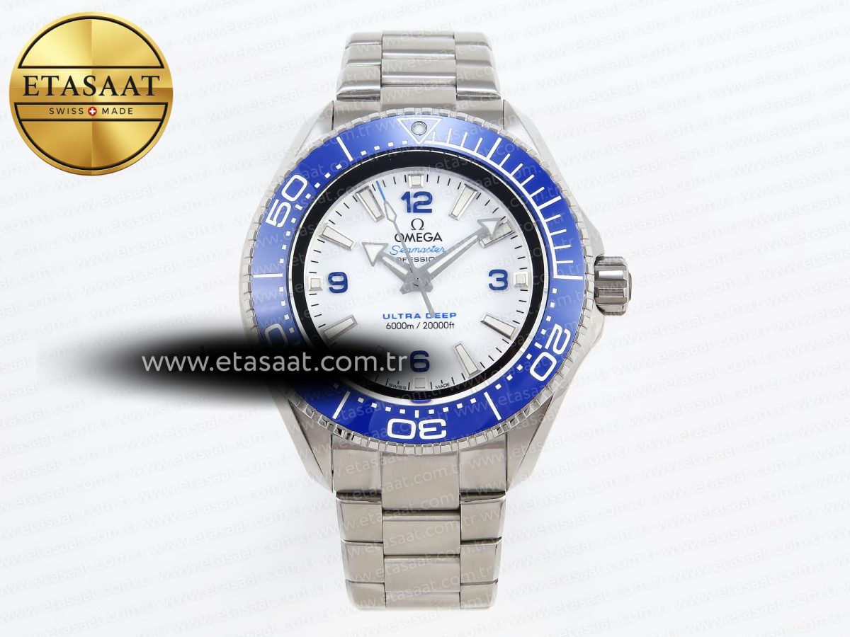 SEAMASTER PLANET OCEAN 6000M ULTRA DEEP 45.5MM SS TF 1:1 BEST EDITION WHITE DIAL BLUE BEZEL ON SS BRACELET A2824 - Görsel 3