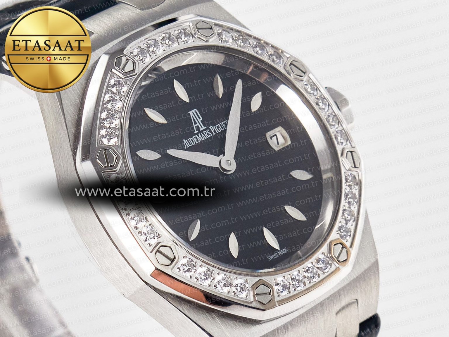 1Royal Oak Offshore Ladies 33mm SS DRF Best Edition Black Dial Diamonds Bezel on Black Leather Strap ETA Quartz - Görsel 5