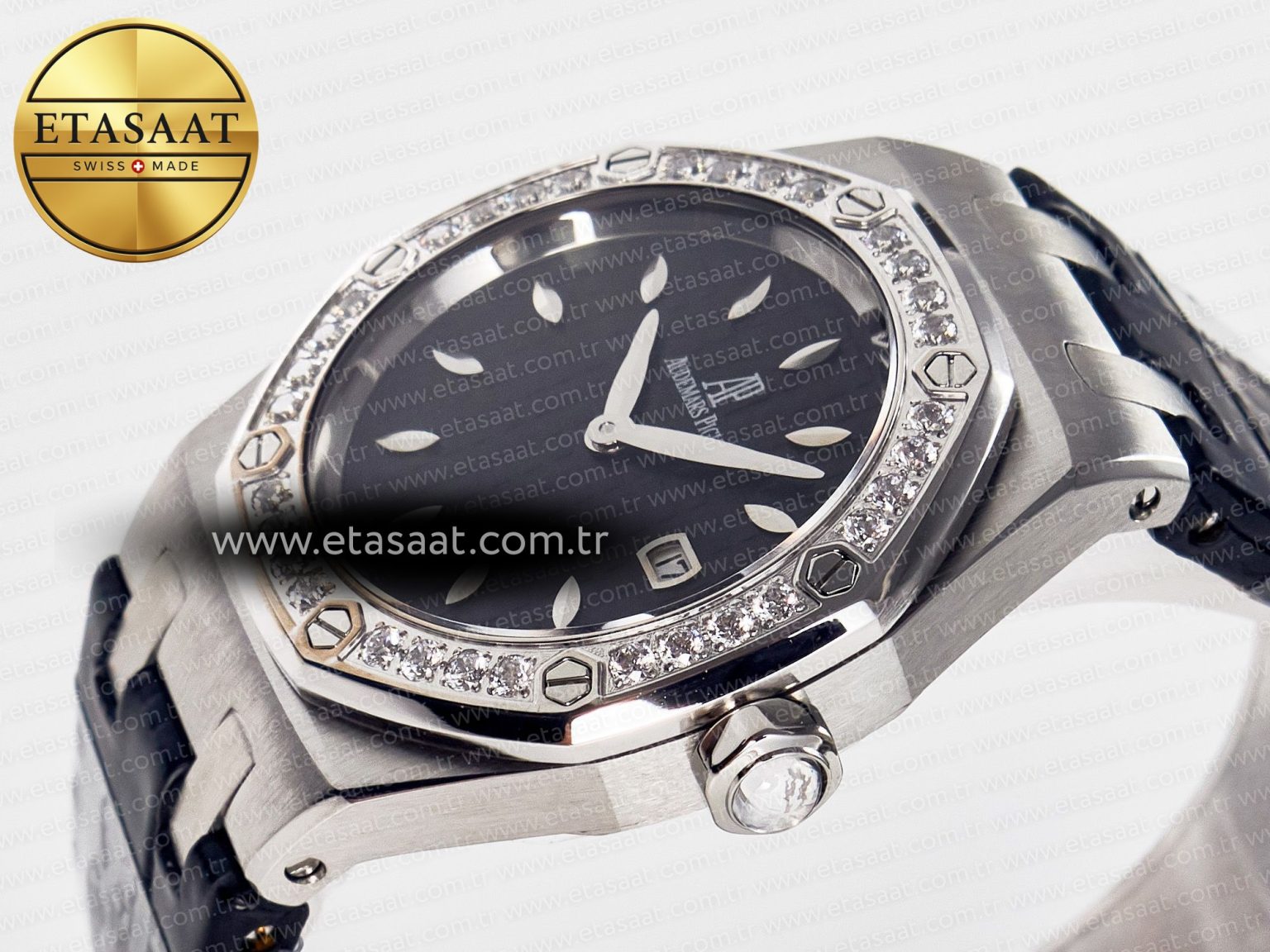 1Royal Oak Offshore Ladies 33mm SS DRF Best Edition Black Dial Diamonds Bezel on Black Leather Strap ETA Quartz - Görsel 6