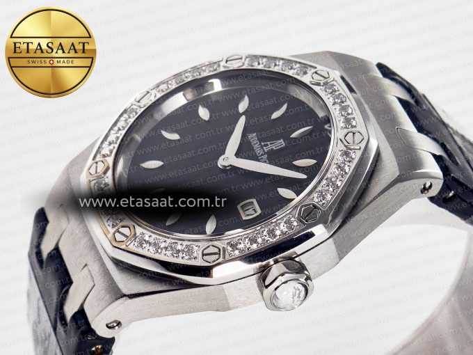 1Royal Oak Offshore Ladies 33mm SS DRF Best Edition Black Dial Diamonds Bezel on Black Leather Strap ETA Quartz - Görsel 6