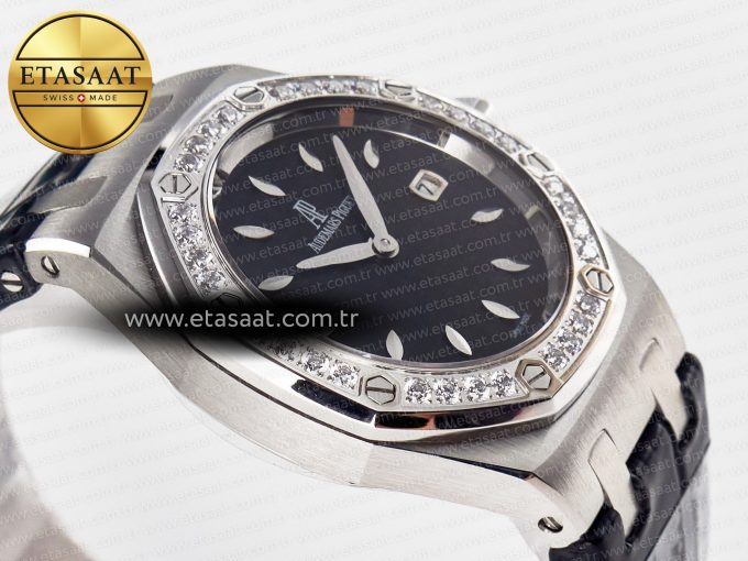 1Royal Oak Offshore Ladies 33mm SS DRF Best Edition Black Dial Diamonds Bezel on Black Leather Strap ETA Quartz - Görsel 7