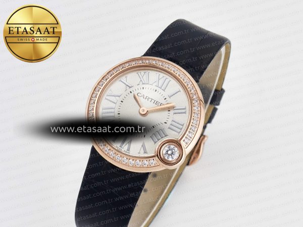 Ballon Blanc De Cartier 30mm RG DRF 1:1 Best Edition Silvered Texture Dial Diamonds Bezel on Black Leather Strap Ronda Quartz