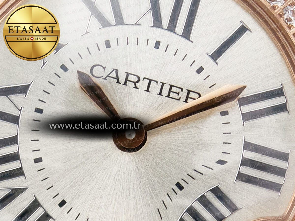 Ballon Blanc De Cartier 30mm RG DRF 1:1 Best Edition Silvered Texture Dial Diamonds Bezel on Black Leather Strap Ronda Quartz - Görsel 11