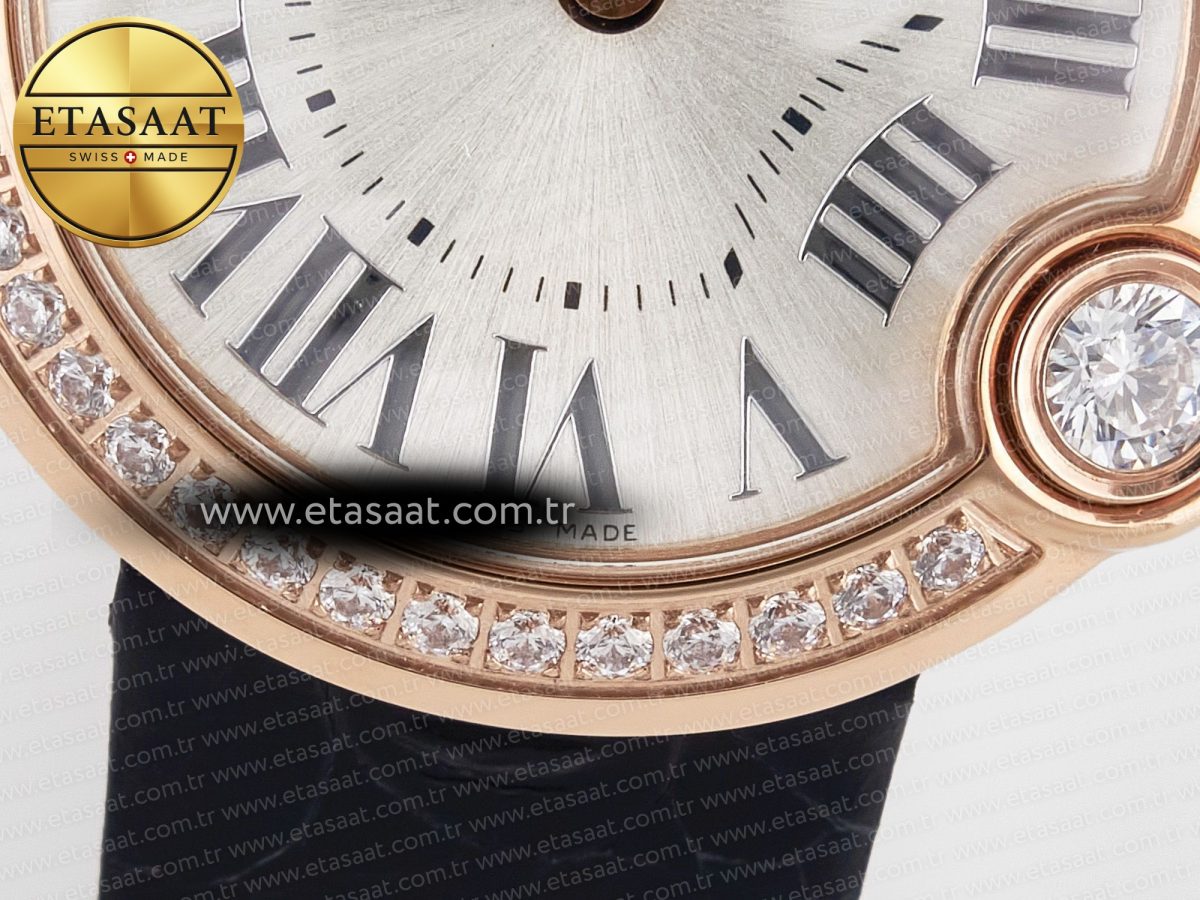 Ballon Blanc De Cartier 30mm RG DRF 1:1 Best Edition Silvered Texture Dial Diamonds Bezel on Black Leather Strap Ronda Quartz - Görsel 12