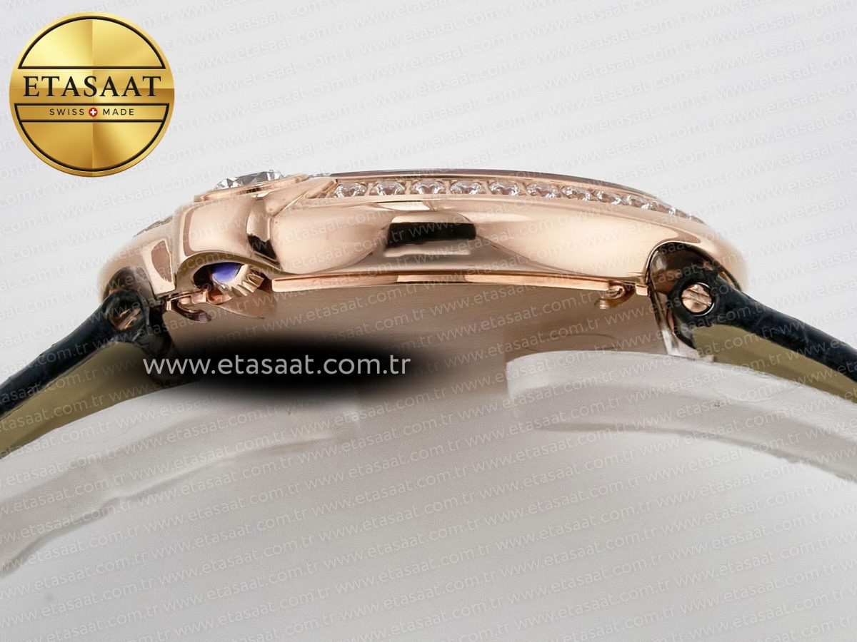 Ballon Blanc De Cartier 30mm RG DRF 1:1 Best Edition Silvered Texture Dial Diamonds Bezel on Black Leather Strap Ronda Quartz - Görsel 13