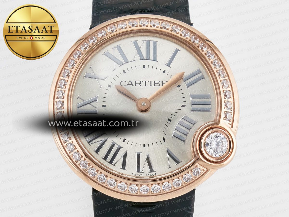 Ballon Blanc De Cartier 30mm RG DRF 1:1 Best Edition Silvered Texture Dial Diamonds Bezel on Black Leather Strap Ronda Quartz - Görsel 4