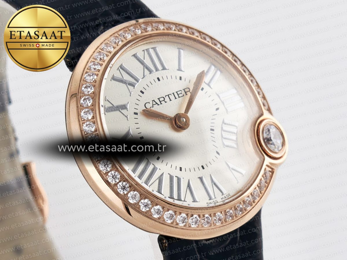 Ballon Blanc De Cartier 30mm RG DRF 1:1 Best Edition Silvered Texture Dial Diamonds Bezel on Black Leather Strap Ronda Quartz - Görsel 5