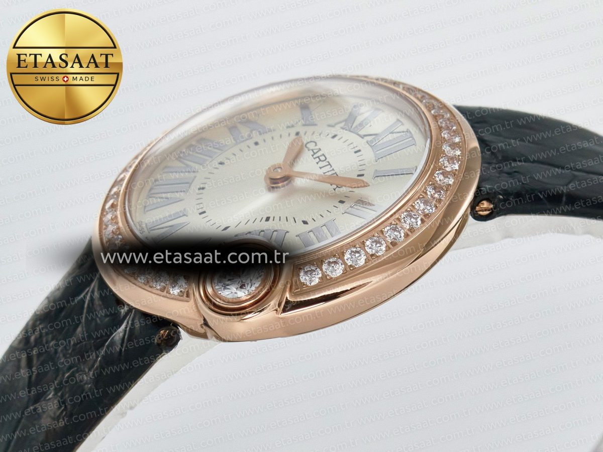 Ballon Blanc De Cartier 30mm RG DRF 1:1 Best Edition Silvered Texture Dial Diamonds Bezel on Black Leather Strap Ronda Quartz - Görsel 6