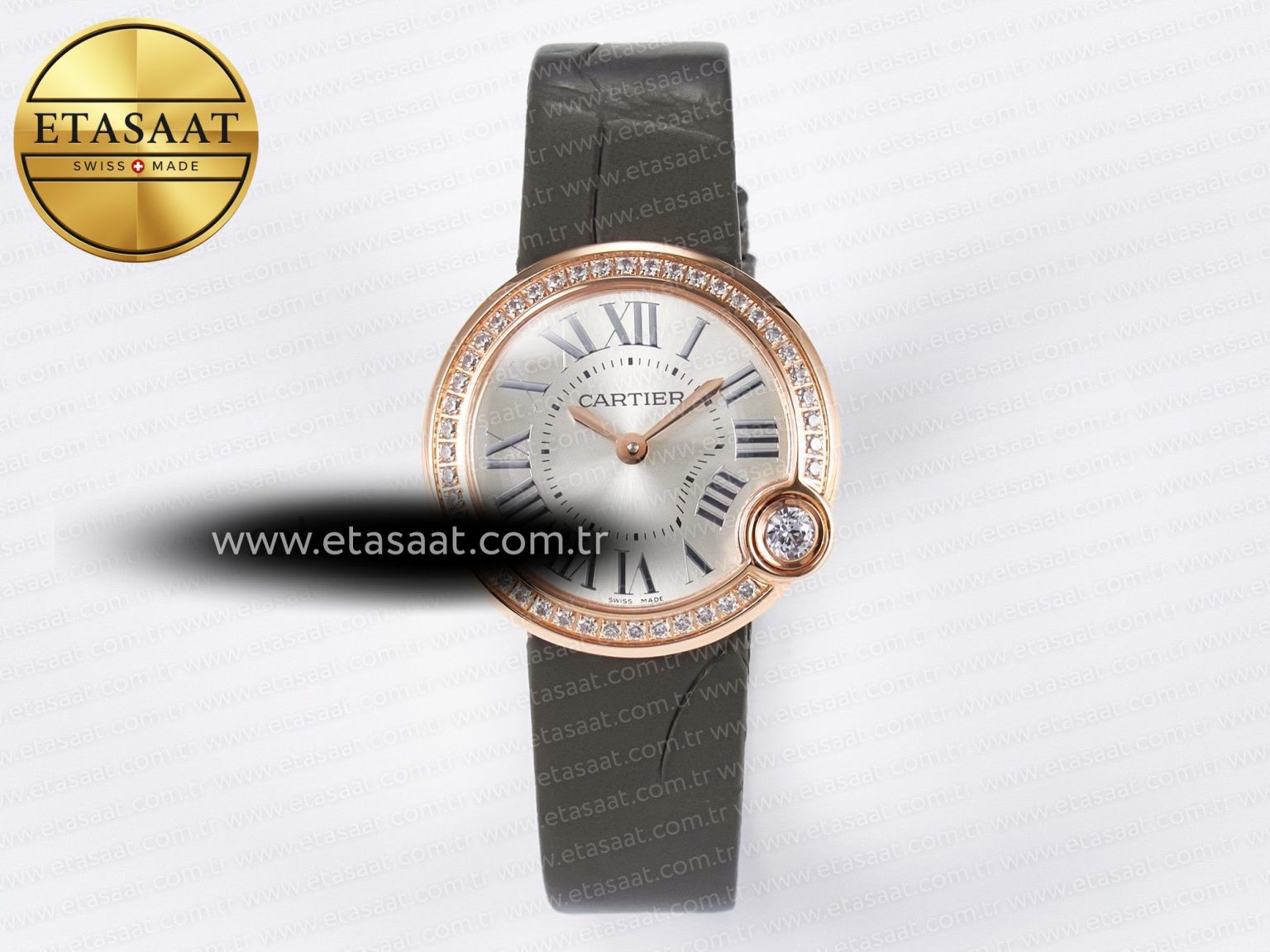 Ballon Blanc De Cartier 30mm RG DRF 1:1 Best Edition Silvered Texture Dial Diamonds Bezel on Green Leather Strap Ronda Quartz - Görsel 3