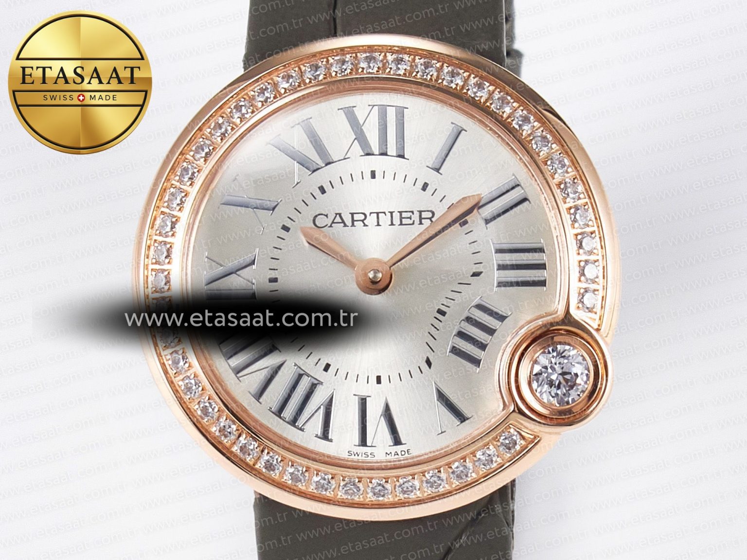 Ballon Blanc De Cartier 30mm RG DRF 1:1 Best Edition Silvered Texture Dial Diamonds Bezel on Green Leather Strap Ronda Quartz - Görsel 4