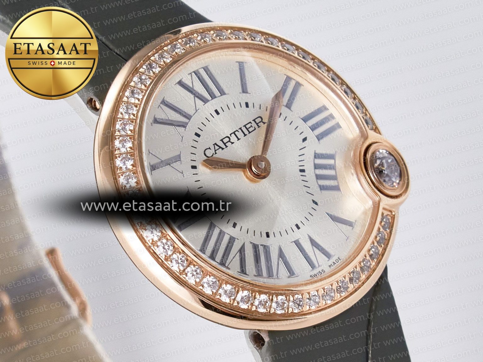 Ballon Blanc De Cartier 30mm RG DRF 1:1 Best Edition Silvered Texture Dial Diamonds Bezel on Green Leather Strap Ronda Quartz - Görsel 5