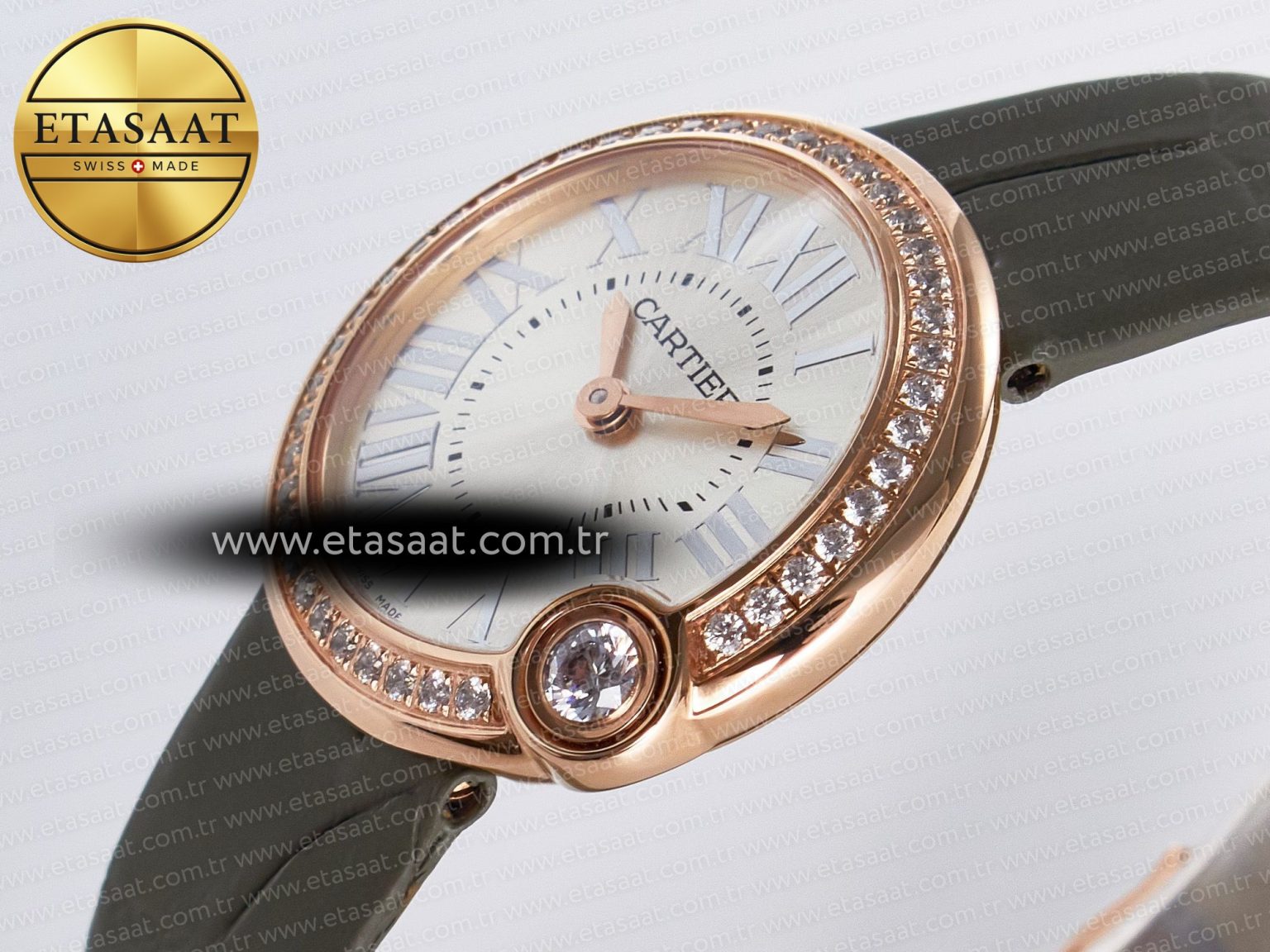 Ballon Blanc De Cartier 30mm RG DRF 1:1 Best Edition Silvered Texture Dial Diamonds Bezel on Green Leather Strap Ronda Quartz - Görsel 6