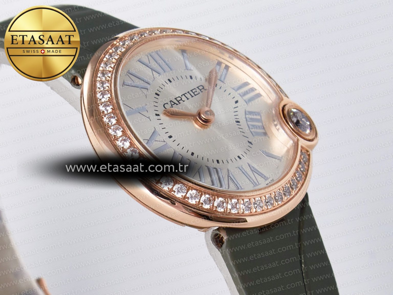 Ballon Blanc De Cartier 30mm RG DRF 1:1 Best Edition Silvered Texture Dial Diamonds Bezel on Green Leather Strap Ronda Quartz - Görsel 7