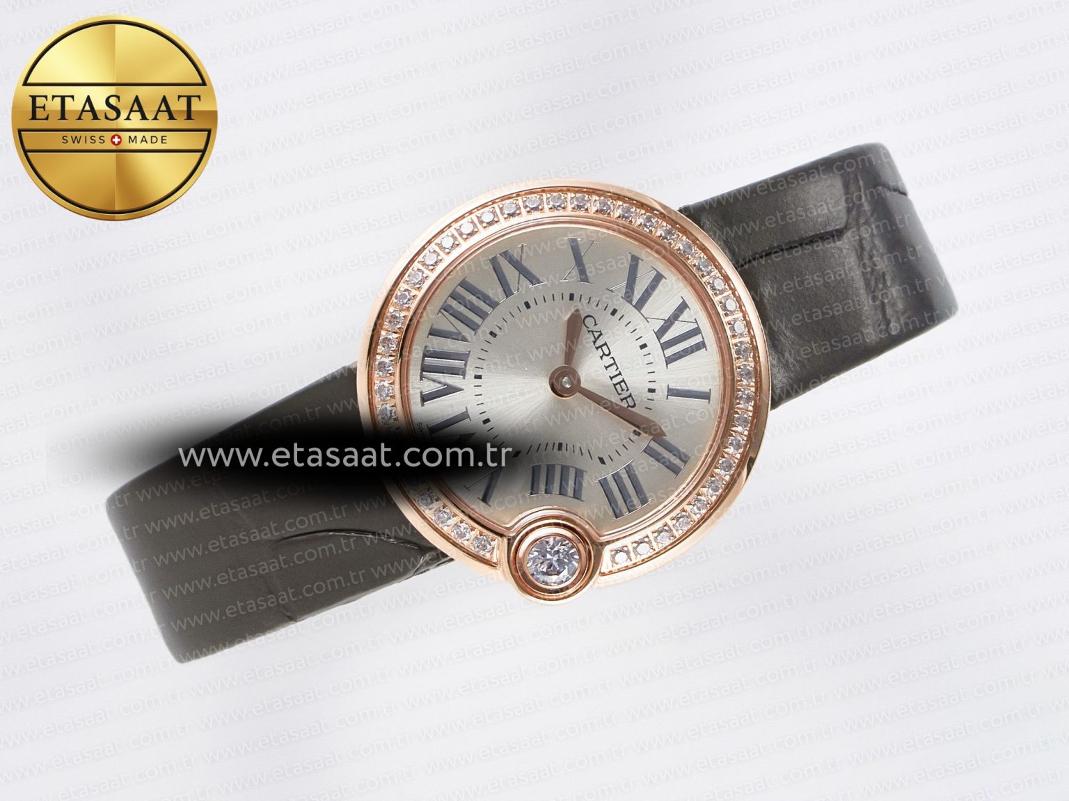 Ballon Blanc De Cartier 30mm RG DRF 1:1 Best Edition Silvered Texture Dial Diamonds Bezel on Green Leather Strap Ronda Quartz - Görsel 8