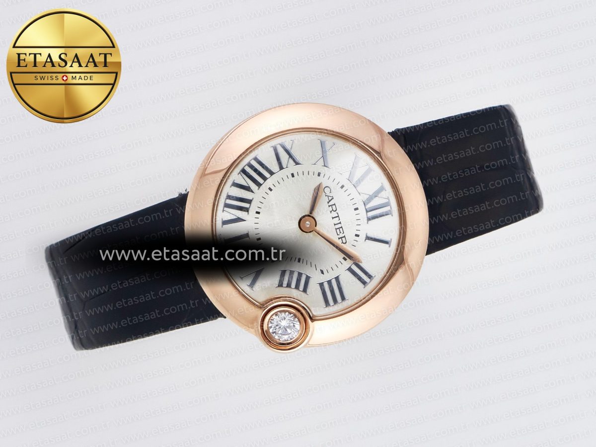 Ballon Blanc De Cartier 30mm RG DRF 1:1 Best Edition Silvered Texture Dial on Black Leather Strap Ronda Quartz - Görsel 8