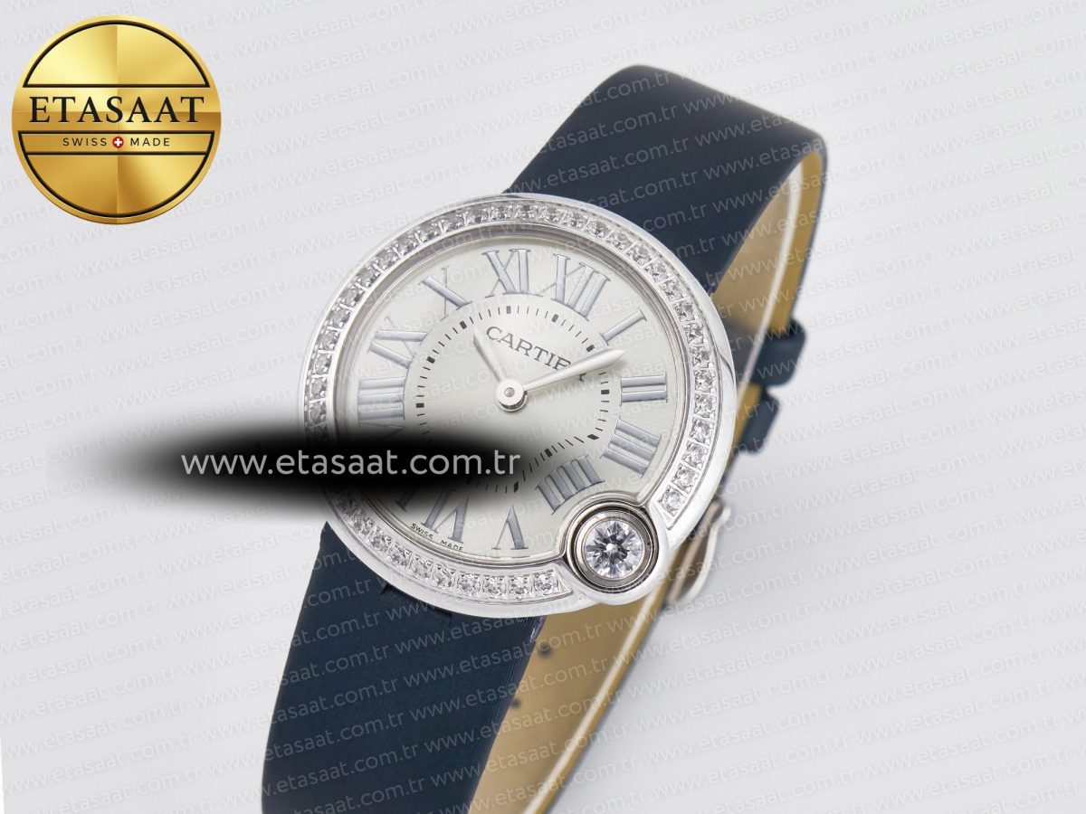 Ballon Blanc De Cartier 30mm SS DRF 1:1 Best Edition Silvered Texture Dial Diamonds Bezel on Blue Calfskin Strap Ronda Quartz - Görsel 1