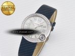 Ballon Blanc De Cartier 30mm SS DRF 1:1 Best Edition Silvered Texture Dial Diamonds Bezel on Blue Calfskin Strap Ronda Quartz