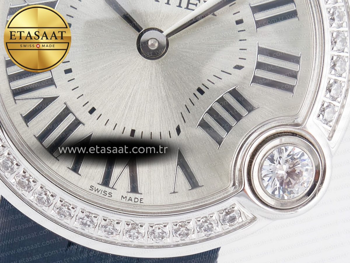 Ballon Blanc De Cartier 30mm SS DRF 1:1 Best Edition Silvered Texture Dial Diamonds Bezel on Blue Calfskin Strap Ronda Quartz - Görsel 11