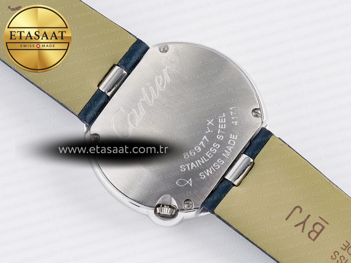 Ballon Blanc De Cartier 30mm SS DRF 1:1 Best Edition Silvered Texture Dial Diamonds Bezel on Blue Calfskin Strap Ronda Quartz - Görsel 15