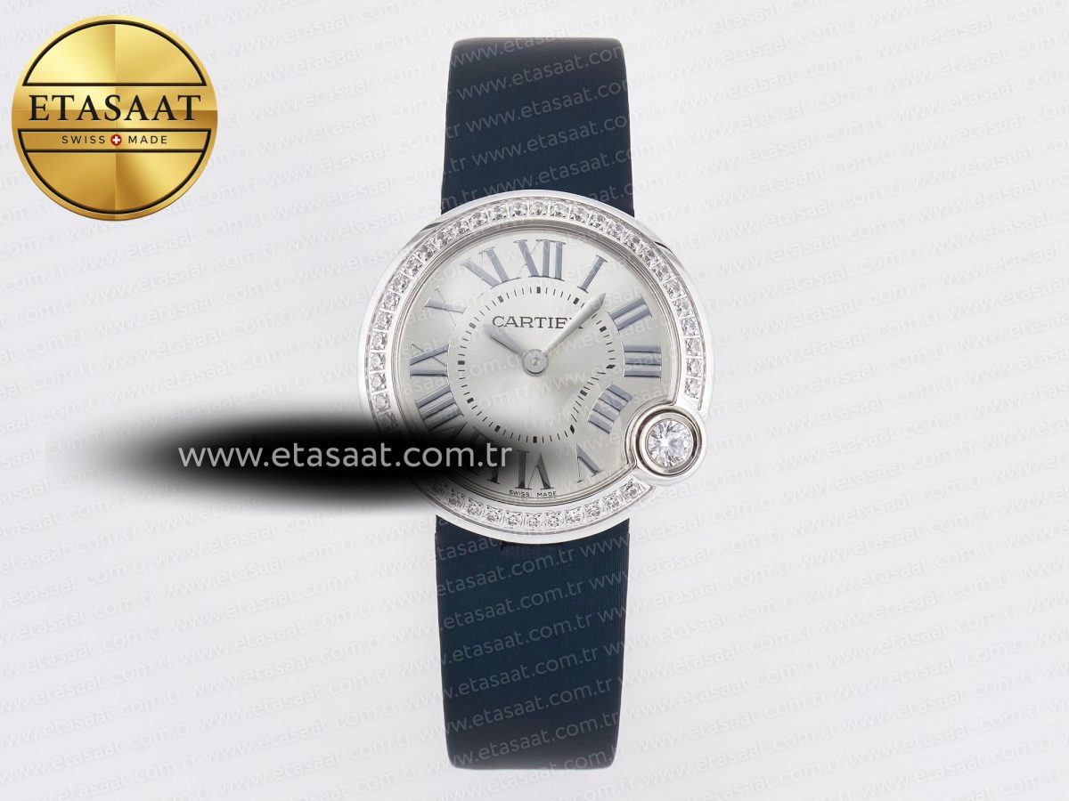 Ballon Blanc De Cartier 30mm SS DRF 1:1 Best Edition Silvered Texture Dial Diamonds Bezel on Blue Calfskin Strap Ronda Quartz - Görsel 3
