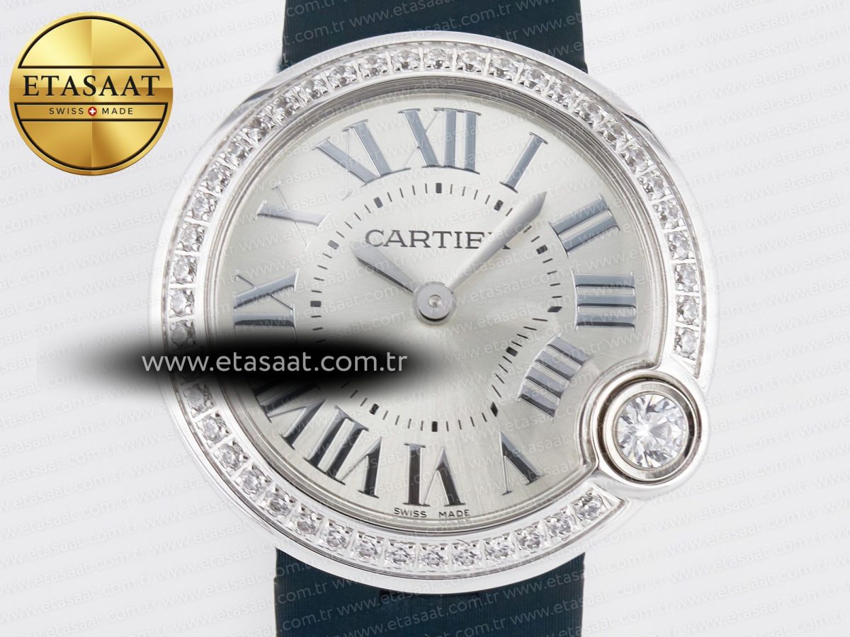 Ballon Blanc De Cartier 30mm SS DRF 1:1 Best Edition Silvered Texture Dial Diamonds Bezel on Blue Calfskin Strap Ronda Quartz - Görsel 4