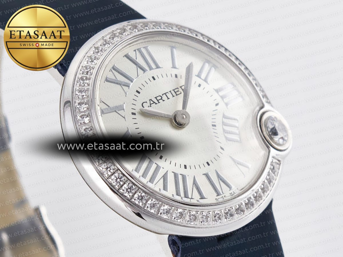 Ballon Blanc De Cartier 30mm SS DRF 1:1 Best Edition Silvered Texture Dial Diamonds Bezel on Blue Calfskin Strap Ronda Quartz - Görsel 5