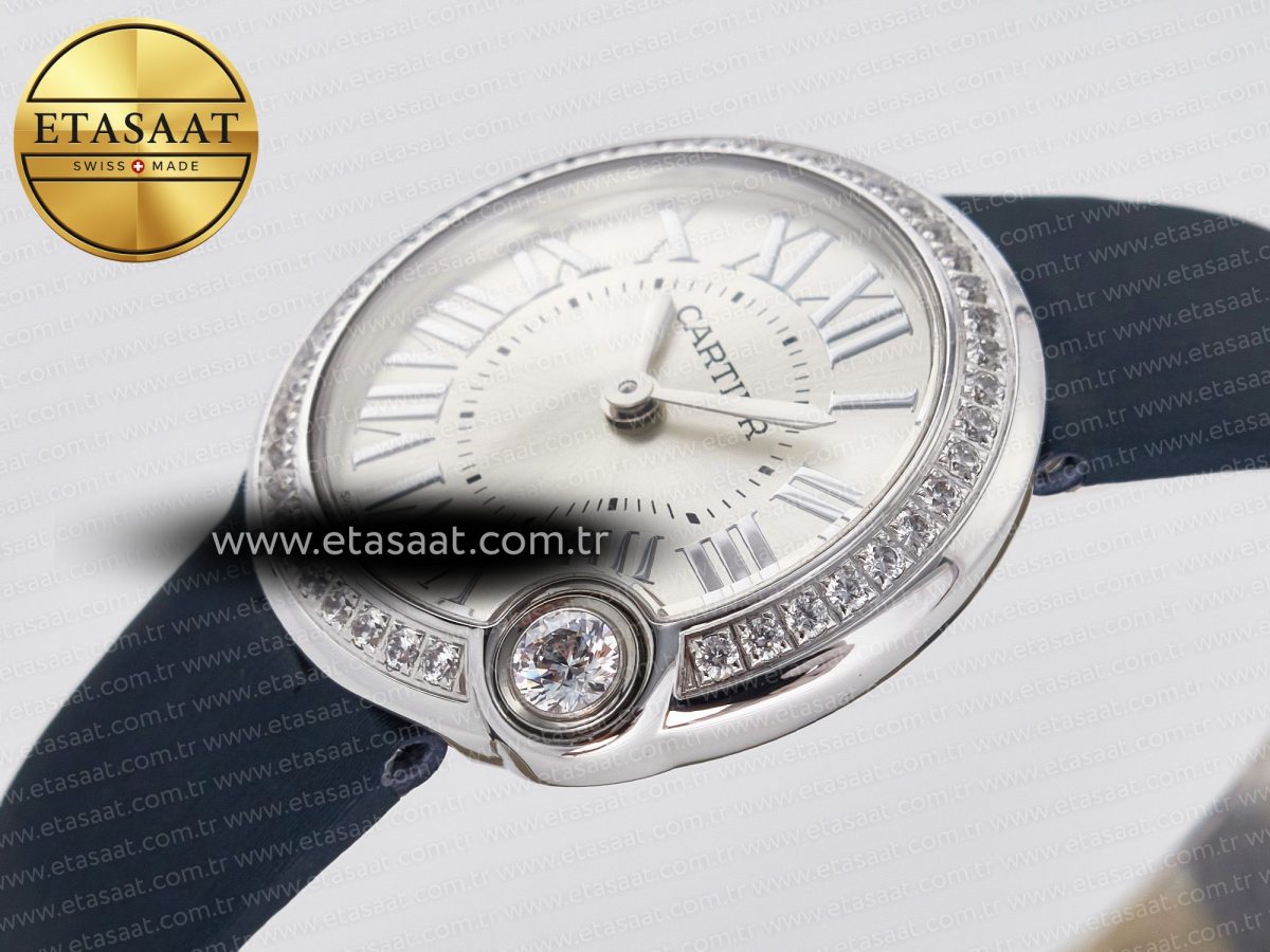 Ballon Blanc De Cartier 30mm SS DRF 1:1 Best Edition Silvered Texture Dial Diamonds Bezel on Blue Calfskin Strap Ronda Quartz - Görsel 6