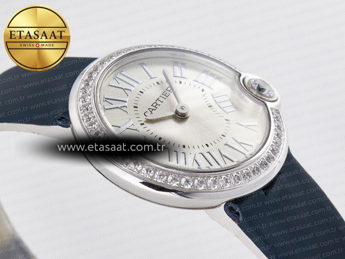 Ballon Blanc De Cartier 30mm SS DRF 1:1 Best Edition Silvered Texture Dial Diamonds Bezel on Blue Calfskin Strap Ronda Quartz - Görsel 7