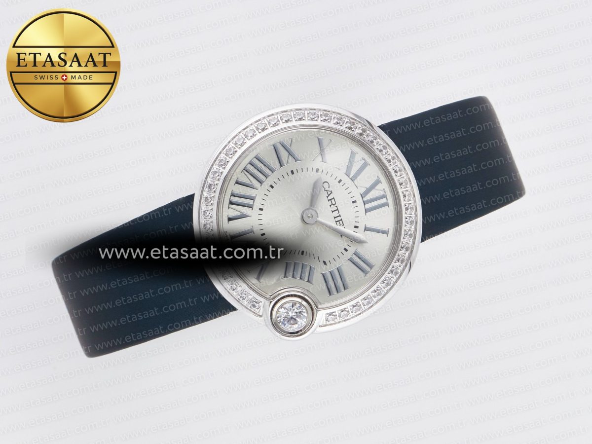 Ballon Blanc De Cartier 30mm SS DRF 1:1 Best Edition Silvered Texture Dial Diamonds Bezel on Blue Calfskin Strap Ronda Quartz - Görsel 8