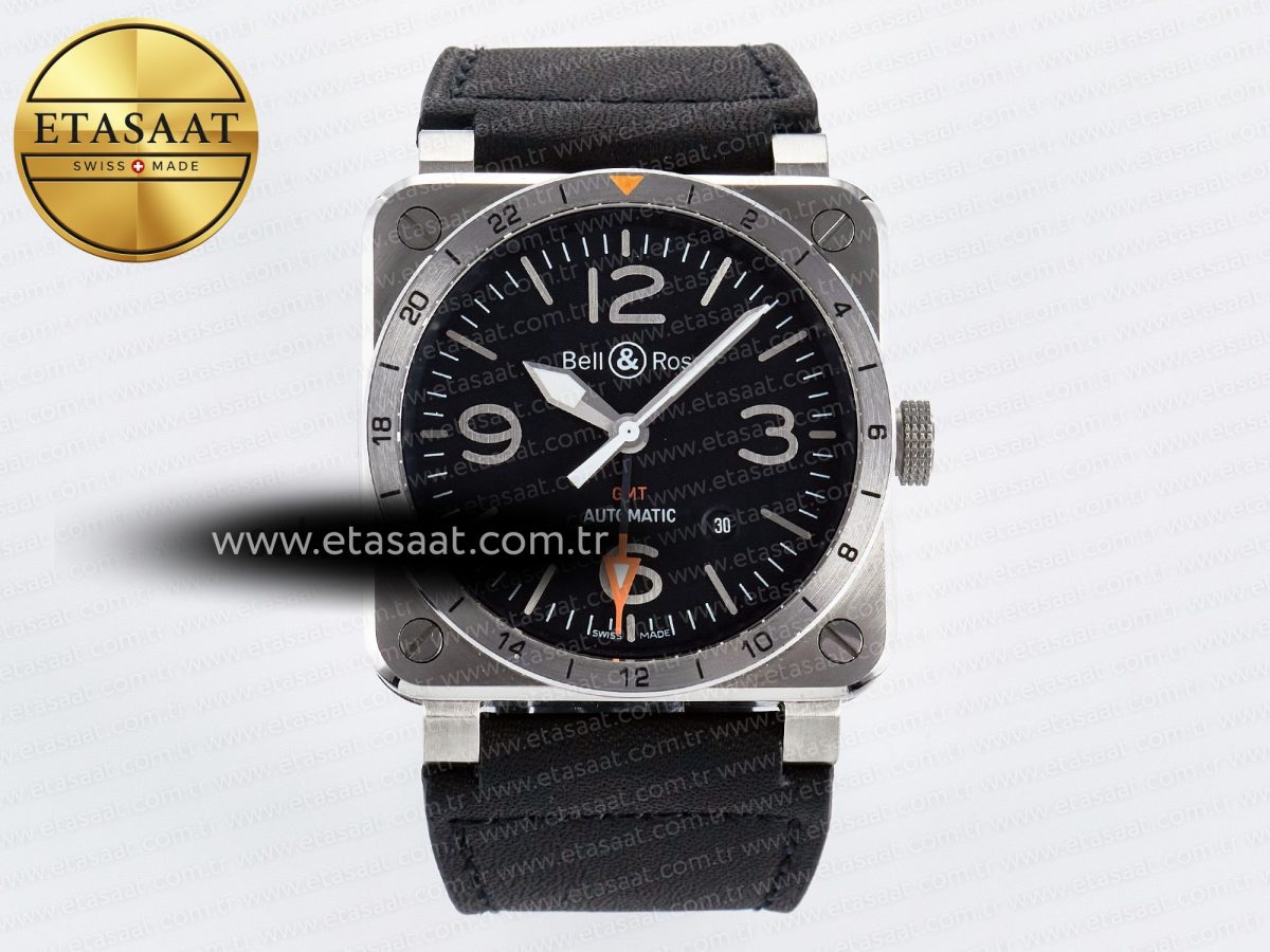 BR03-93 GMT BRF 1:1 Best Edition Black Dial on Black Leather Strap A2824 - Görsel 3