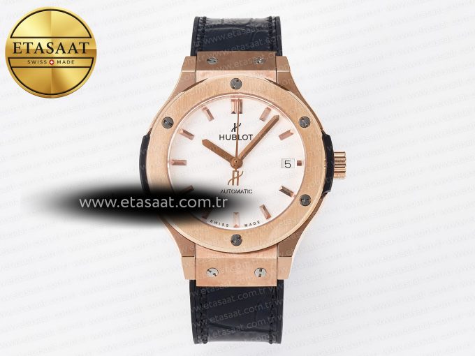 Classic Fusion 38mm RG JJF 1:1 Best Edition White Dial on Black Gummy Leather Strap - Görsel 3