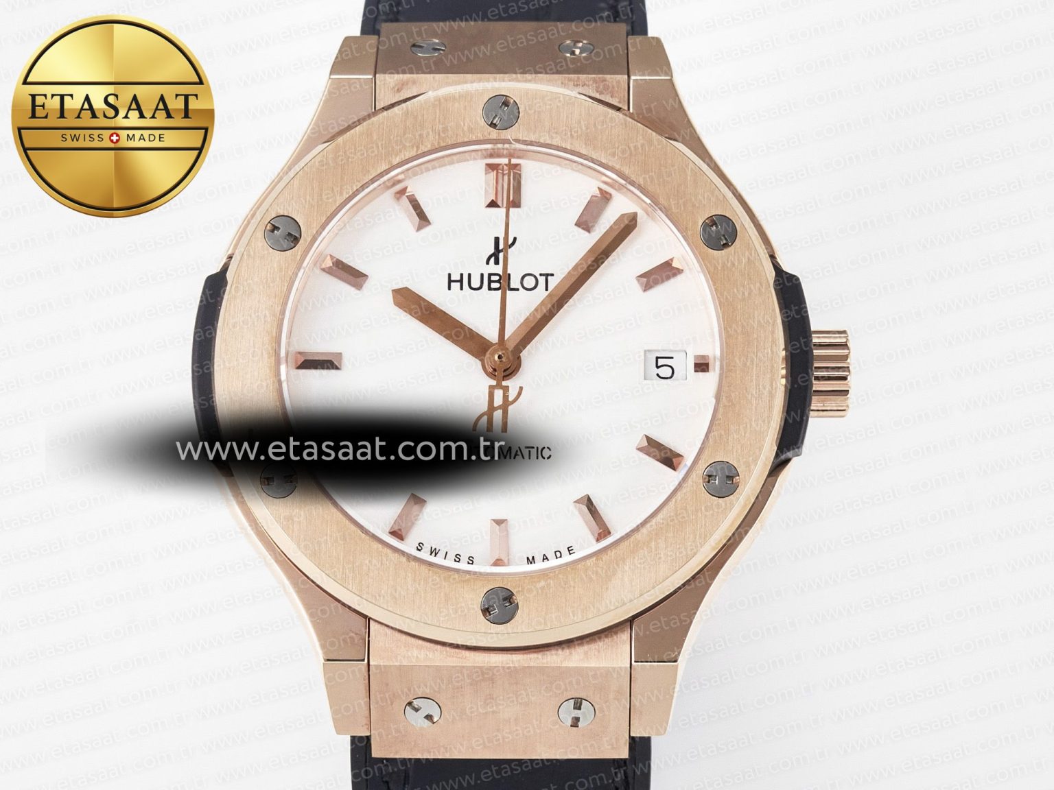 Classic Fusion 38mm RG JJF 1:1 Best Edition White Dial on Black Gummy Leather Strap - Görsel 4