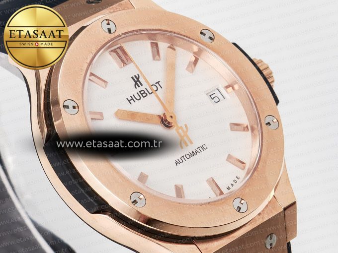 Classic Fusion 38mm RG JJF 1:1 Best Edition White Dial on Black Gummy Leather Strap - Görsel 5