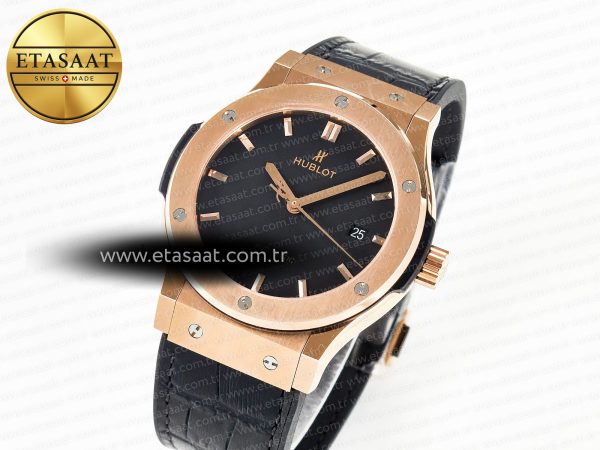 Classic Fusion 42mm RG JJF 1:1 Best Edition Black Dial on Black Gummy Leather Strap