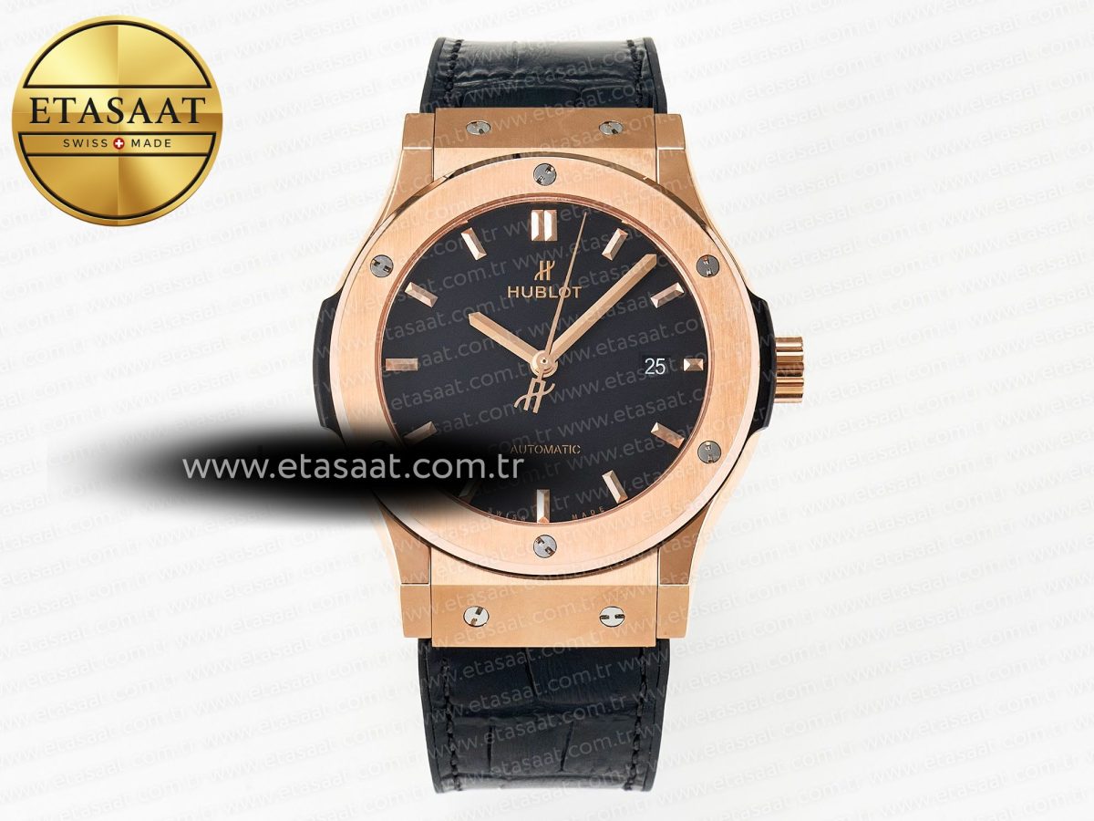 Classic Fusion 42mm RG JJF 1:1 Best Edition Black Dial on Black Gummy Leather Strap - Görsel 3