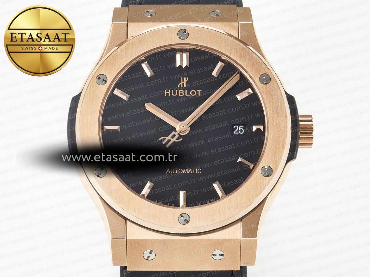 Classic Fusion 42mm RG JJF 1:1 Best Edition Black Dial on Black Gummy Leather Strap - Görsel 4
