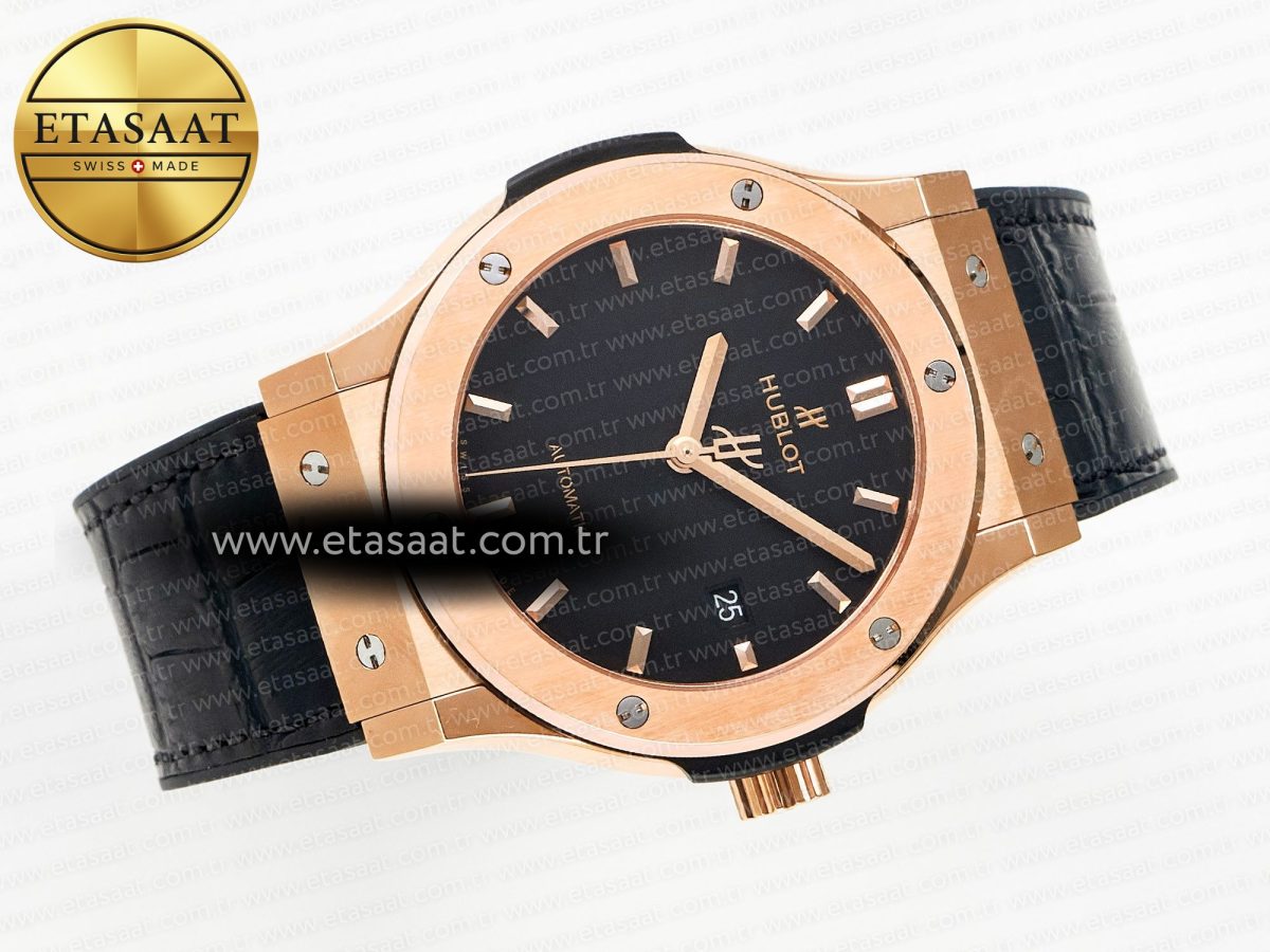 Classic Fusion 42mm RG JJF 1:1 Best Edition Black Dial on Black Gummy Leather Strap - Görsel 8