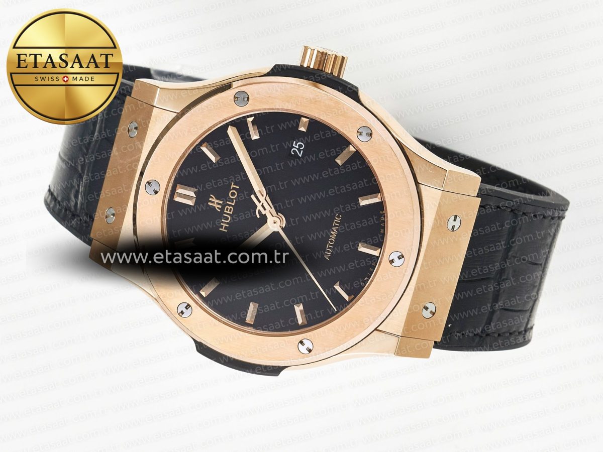 Classic Fusion 42mm RG JJF 1:1 Best Edition Black Dial on Black Gummy Leather Strap - Görsel 9