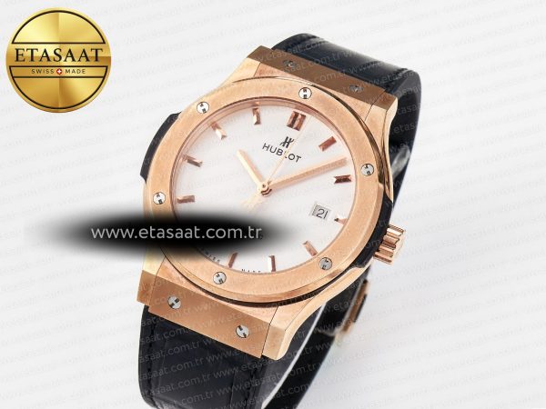 Classic Fusion 42mm RG JJF 1:1 Best Edition White Dial on Black Gummy Leather Strap