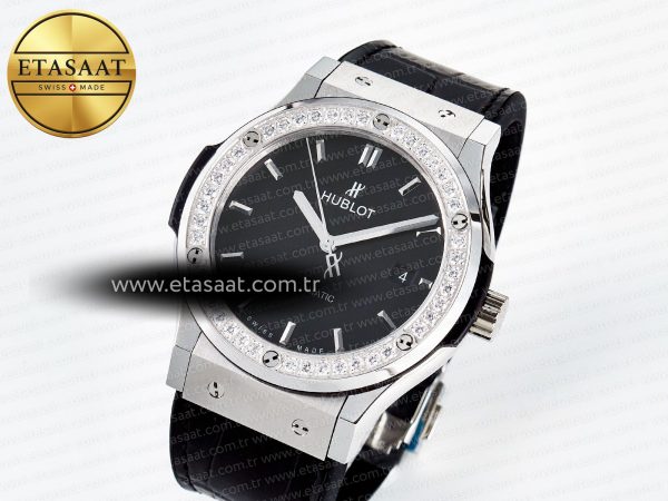 Classic Fusion Bang 42mm HBF 1:1 Best Edition Black Dial Diamonds Bezel on Black Leather Strap A2892