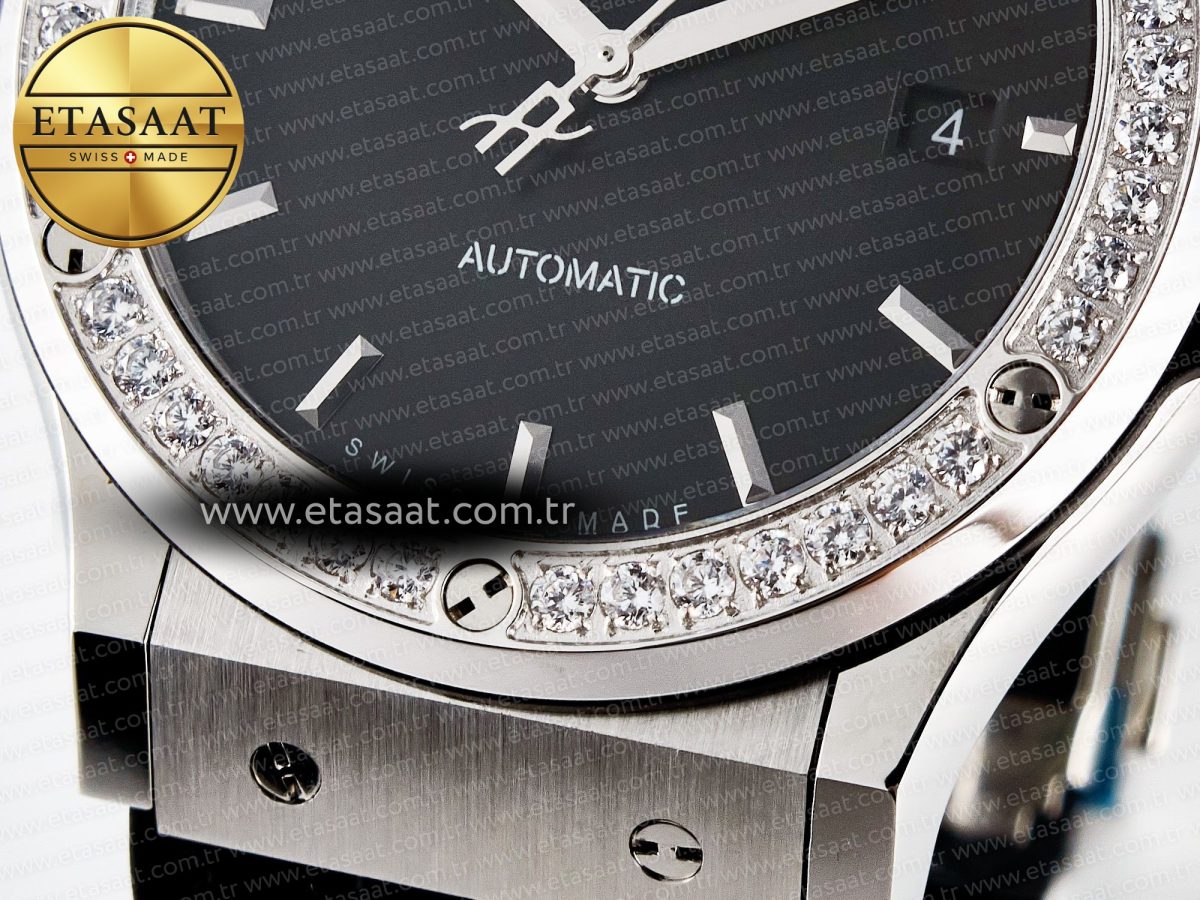 Classic Fusion Bang 42mm HBF 1:1 Best Edition Black Dial Diamonds Bezel on Black Leather Strap A2892 - Görsel 12