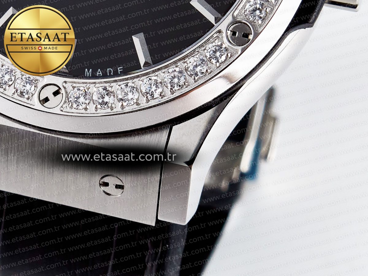 Classic Fusion Bang 42mm HBF 1:1 Best Edition Black Dial Diamonds Bezel on Black Leather Strap A2892 - Görsel 13